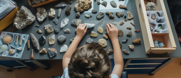 Homeschool Science Child Sitting at Desk Examining Table Full of Rocks