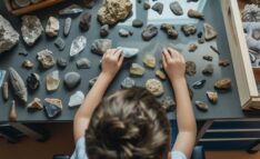 Homeschool Science Child Sitting at Desk Examining Table Full of Rocks