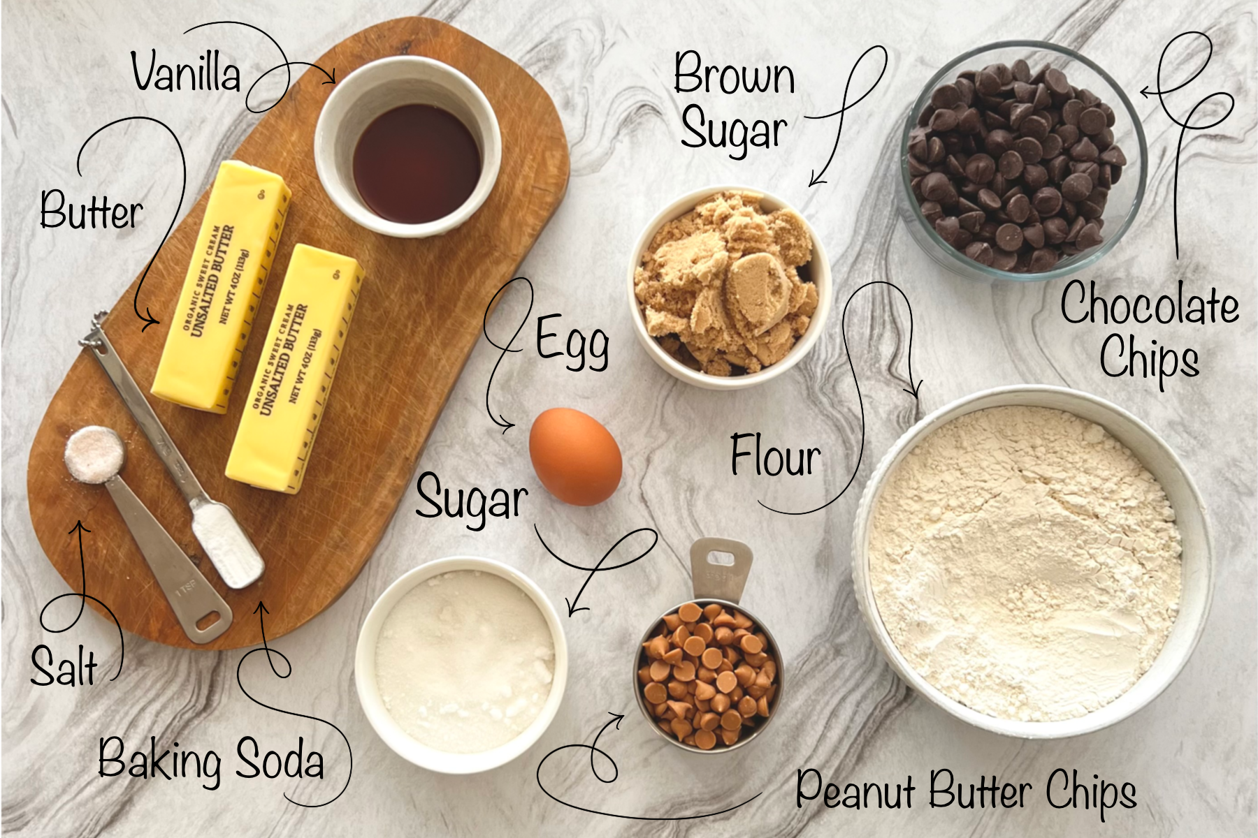 Homeschool Science Activity: Chocolate Chip Cookie Chemistry - Flat Lay of Cookie Ingredients with Labels