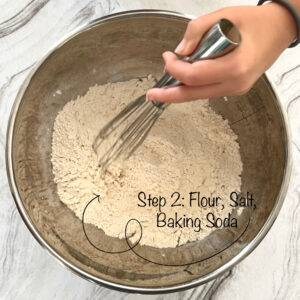Homeschool Science Activity: Chocolate Chip Cookie Chemistry Chocolate Chip Cookie Chemistry Activity: Bowl on Table with Hand Whisking Flour, Baking Soda, and Salt Together
