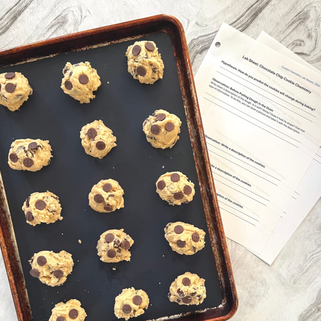 Homeschool Science Activity: Chocolate Chip Cookie Chemistry Homeschool Science Activity: Chocolate Chip Cookie Chemistry - Pan of Chocolate Chip Cookie Dough Ready to be Baked with Lab Sheets