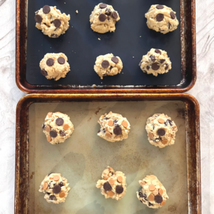 Chocolate Chip Cookie Chemistry Activity - Two Pans of Balled Cookie Dough Ready to be Baked - One Chocolate Chip and One Peanut Butter Chip