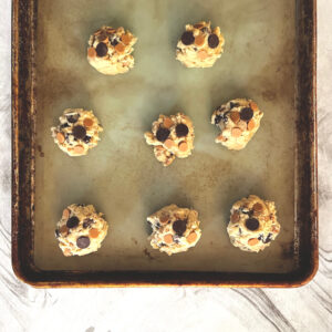 Homeschool Science Activity: Chocolate Chip Cookie Chemistry Chocolate Chip Cookie Chemistry Activity - Balls of Peanut Butter Chocolate Chip Cookie Dough on Pan Ready to Bake