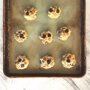 Chocolate Chip Cookie Chemistry Activity - Balls of Peanut Butter Chocolate Chip Cookie Dough on Pan Ready to Bake