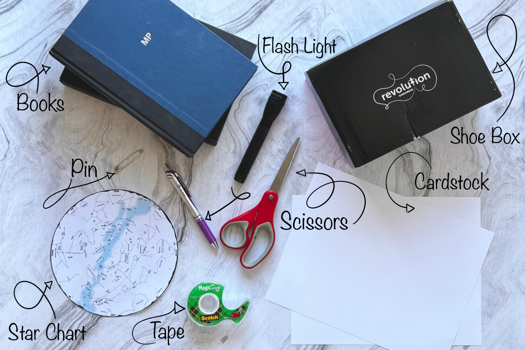 Sciene Teaching Methods: Flat Lay of Items Needed for Mini Planetarium Project: Books, Shoe Box, Pin, Pen, Flash Light, Scissors, Star Chart, Tape, Card Stock