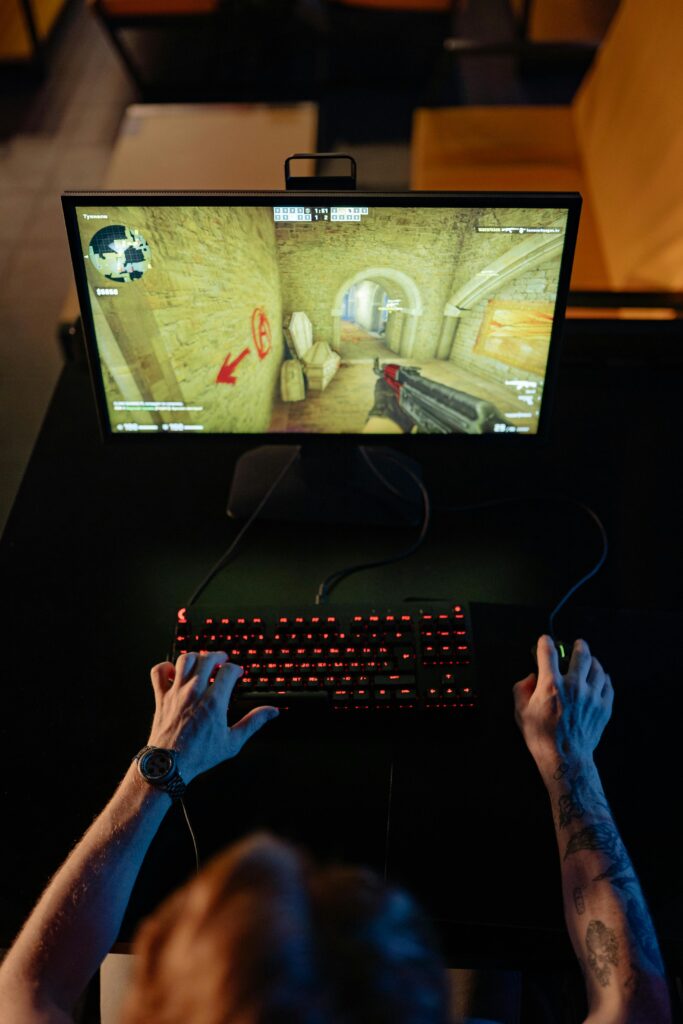 Person playing video games on a computer